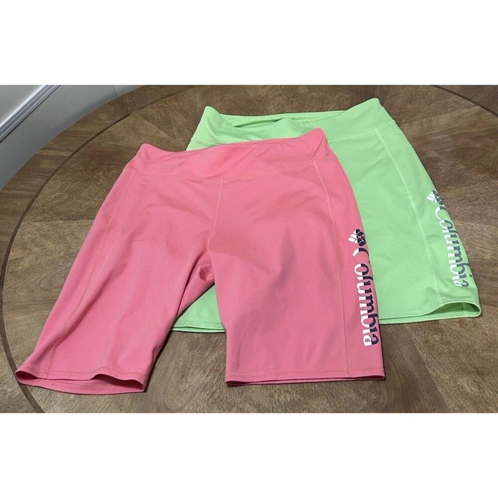 2 Pair Columbia Womens XL Biker Shorts Pink Green Athletic Activewear Bundle